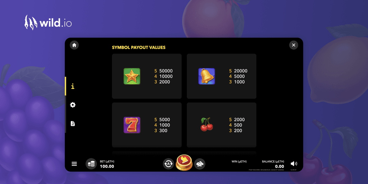 Fruit Machine Megabonus slot paytable showing multiple symbol payouts and values