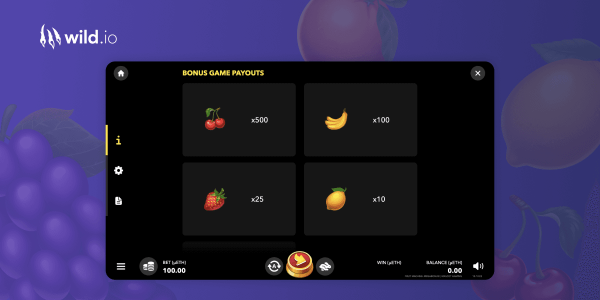 Fruit Machine Megabonus slot paytable showing symbol values and payouts