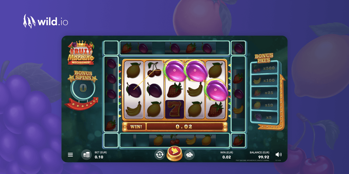 Fruit Machine Megabonus slot gameplay showing reels, symbols and bonus features